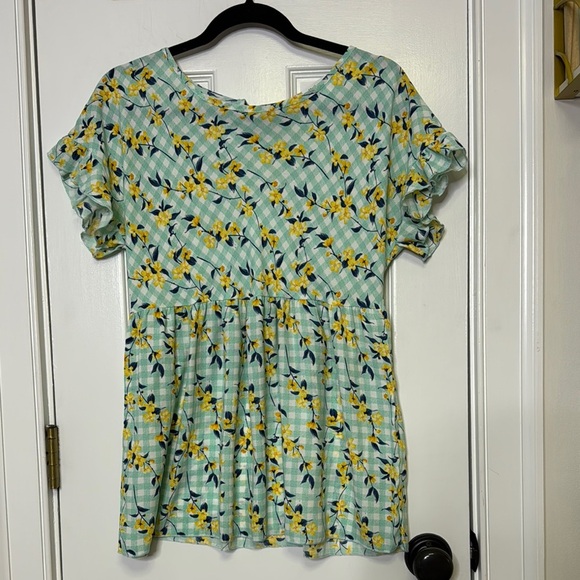 Floral Ruffle Sleeve Top - Green and Yellow - Picture 1 of 7
